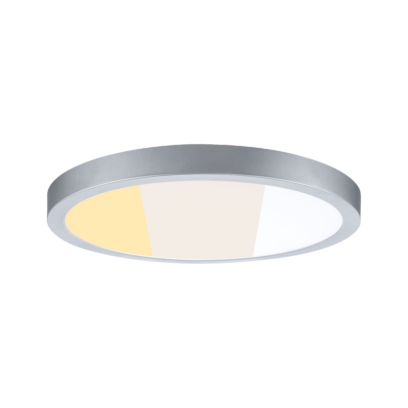 Runde LED-Deckenleuchte mit silbernem Rahmen und diffuser Abdeckung, Ansicht von schräg unten (Untersicht) vor weißem Hintergrund