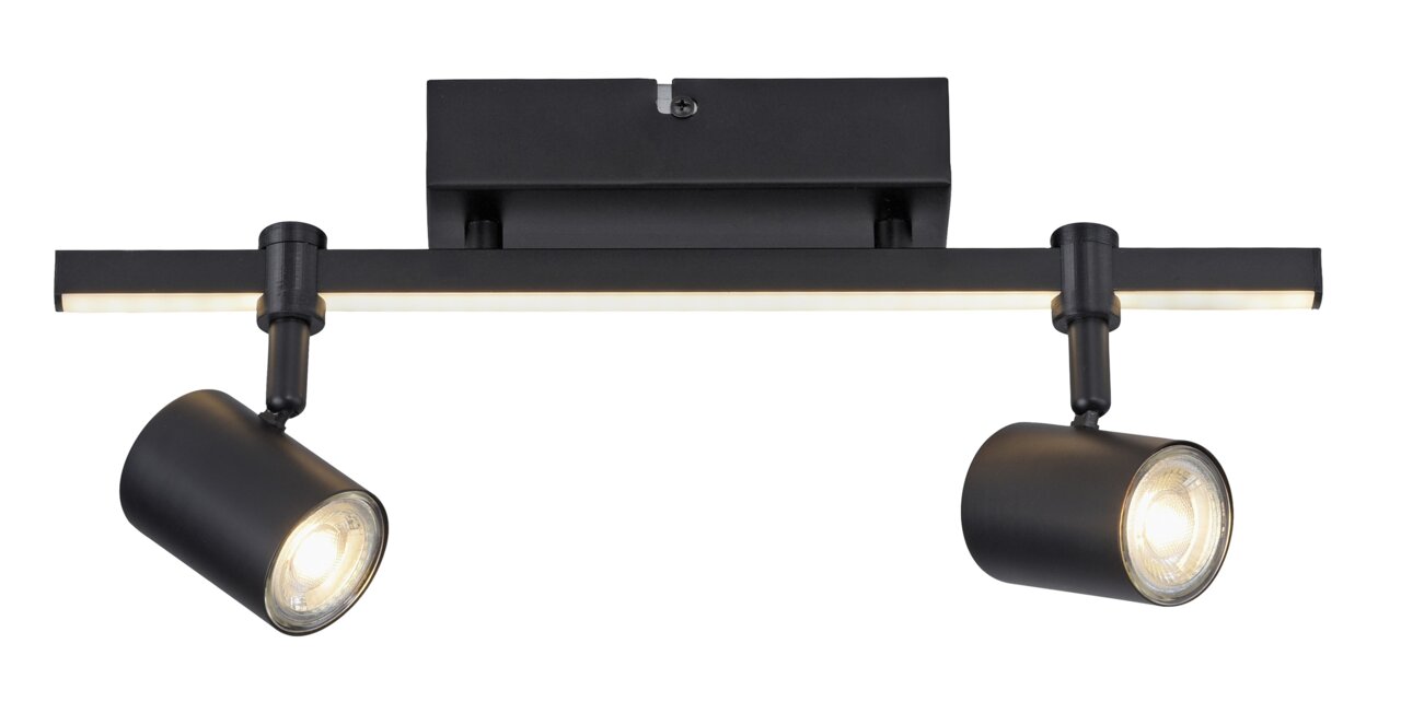 Zwarte wand- en plafondlamp met twee verstelbare spotjes, zijaanzicht