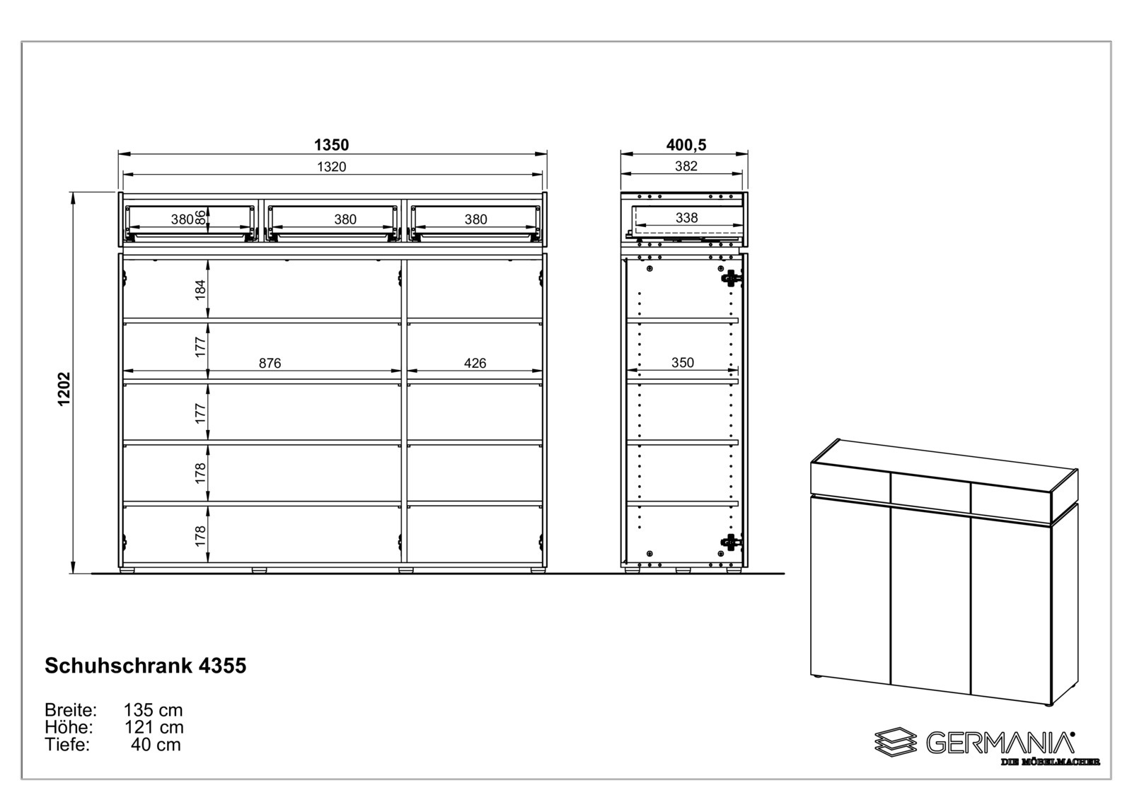 Technische Zeichnung eines XL-Schuhschranks mit den Maßen: Breite 135 cm, Höhe 121 cm, Tiefe 40 cm. Front- und Seitenansicht des Schranks mit mehreren Fächern und Schubladen.