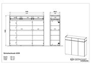 Technische Zeichnung eines XL-Schuhschranks mit den Maßen: Breite 135 cm, Höhe 121 cm, Tiefe 40 cm. Front- und Seitenansicht des Schranks mit mehreren Fächern und Schubladen.