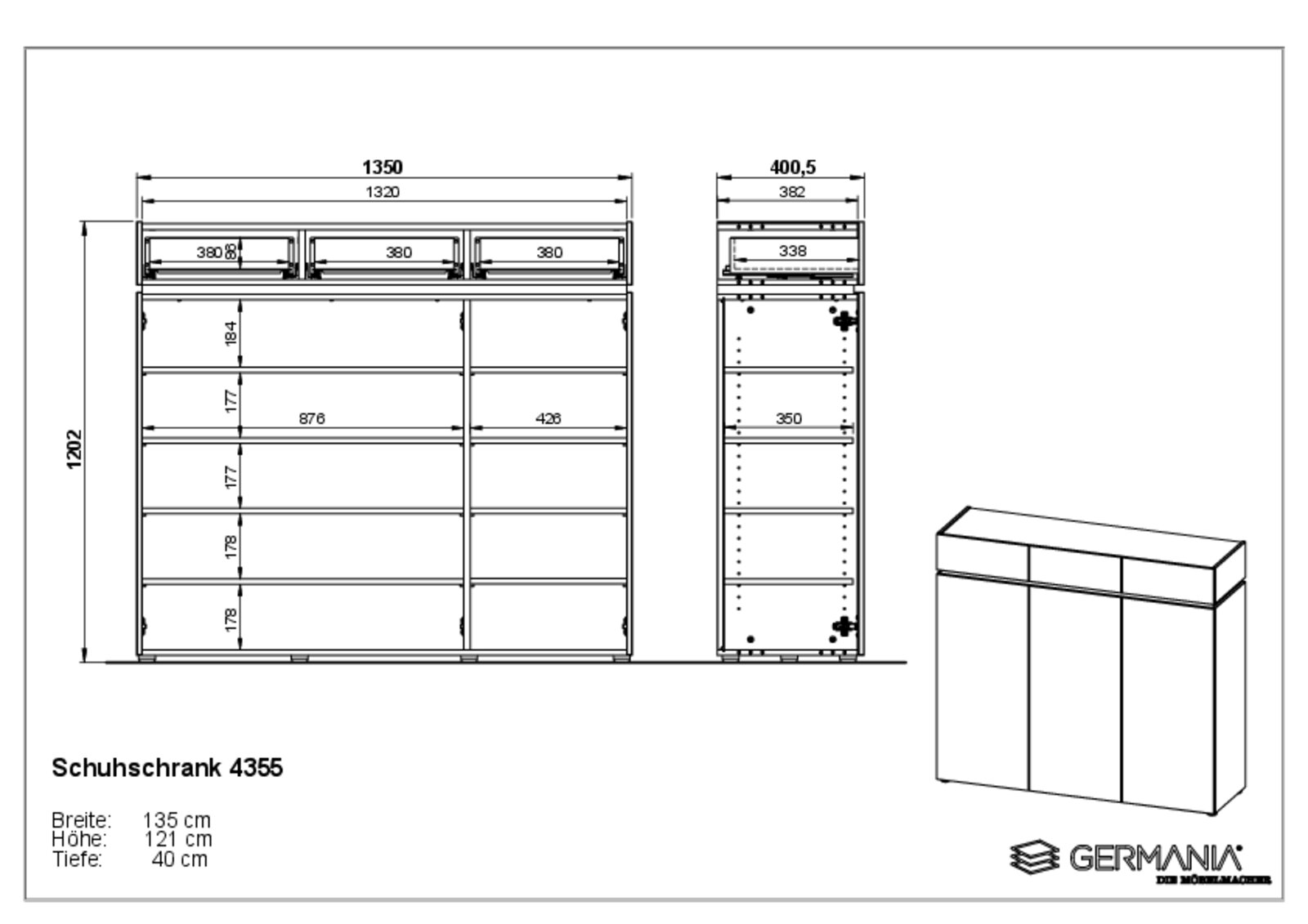Technische Zeichnung eines XL-Schuhschranks mit den Maßen: Breite 135 cm, Höhe 121 cm, Tiefe 40 cm. Front- und Seitenansicht des Schranks mit mehreren Fächern und Schubladen.