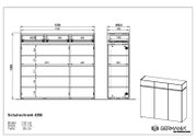 Technische Zeichnung eines XL-Schuhschranks mit den Maßen: Breite 135 cm, Höhe 121 cm, Tiefe 40 cm. Front- und Seitenansicht des Schranks mit mehreren Fächern und Schubladen.