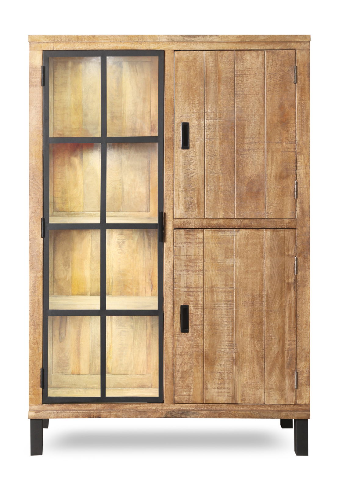 Frontansicht eines Highboards aus Holz mit Glastür und Metallrahmen.