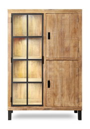 Vooraanzicht van een houten hoogkast met glazen deur en metalen frame.