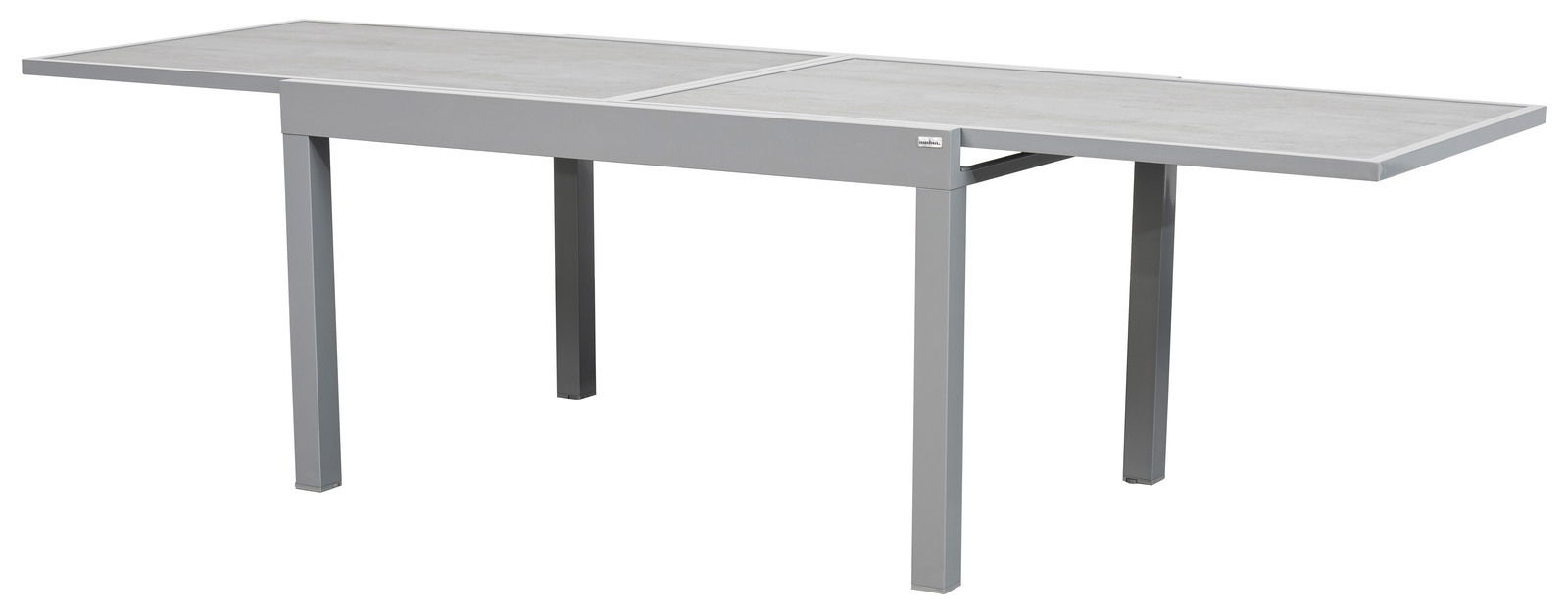 Moderner, rechteckiger Gartentisch aus Metall in seitlicher Perspektive.