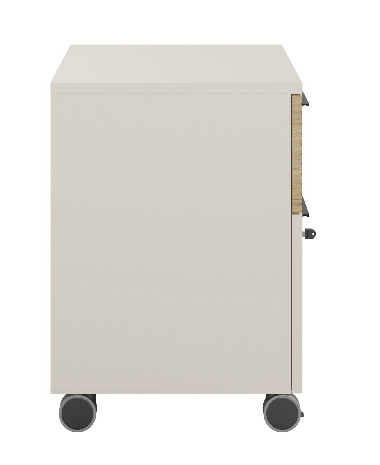 Seitenansicht eines Rollcontainers mit vier Rollen und einer schlichten, modernen Oberfläche.