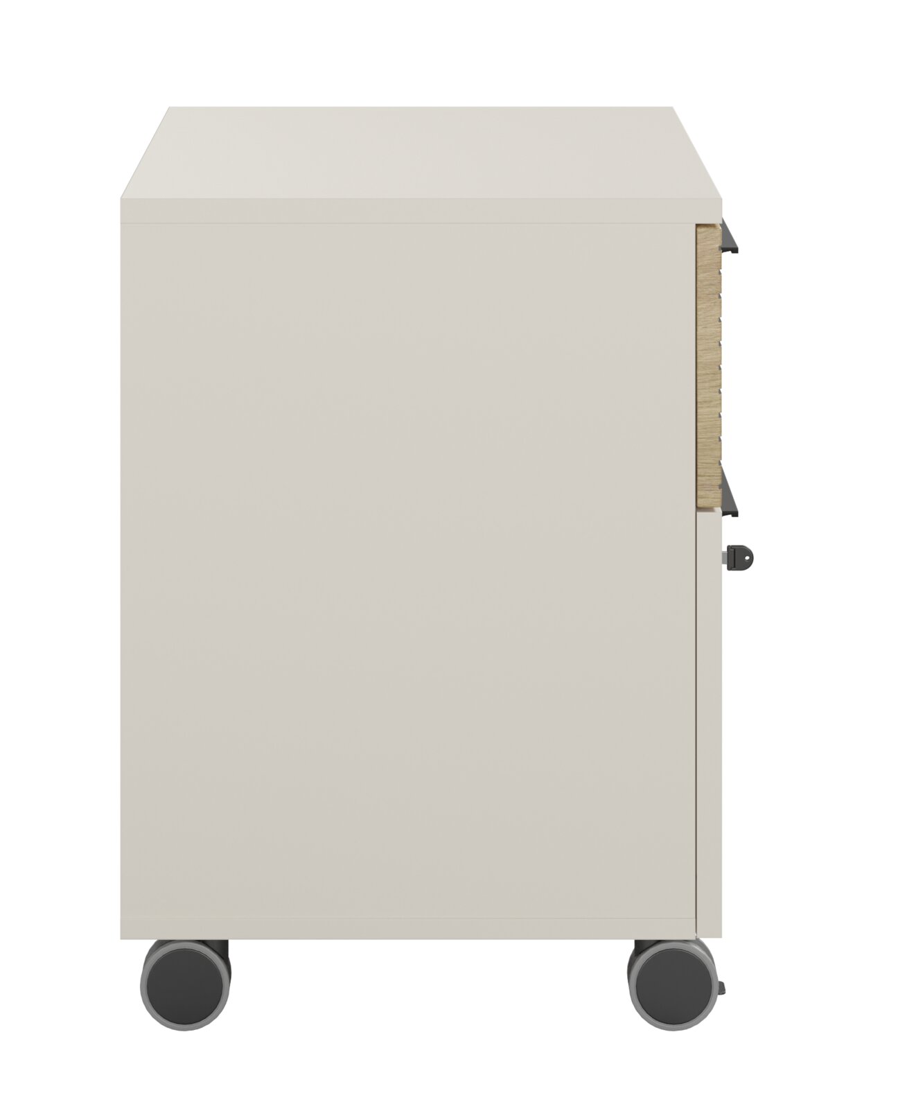 Seitenansicht eines Rollcontainers mit vier Rollen und einer schlichten, modernen Oberfläche.