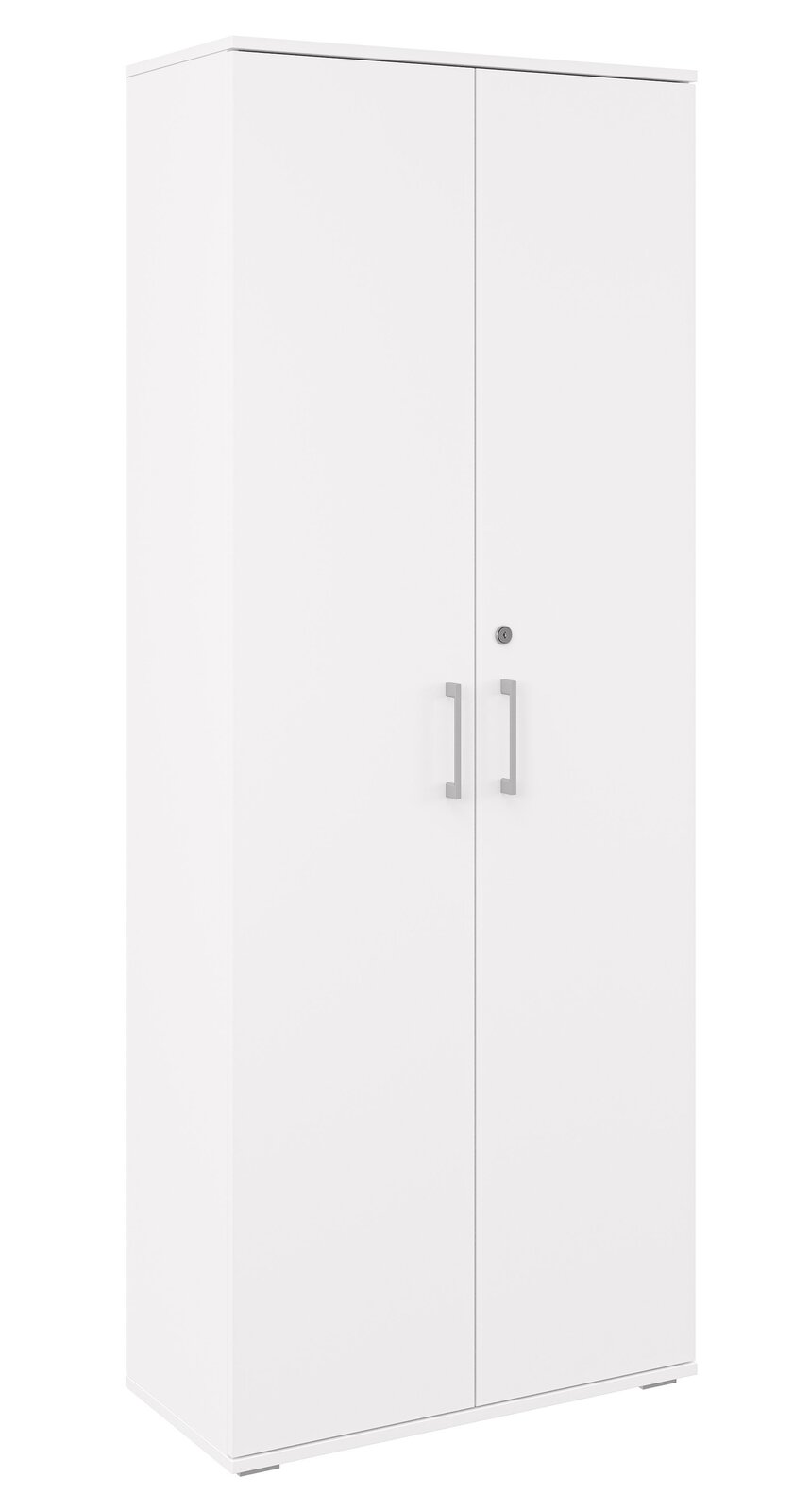 Weißer, abschließbarer Aktenschrank mit zwei Türen und silbernen Griffen, freistehend, in leichter Frontansicht mit sichtbarer linker Seite (3/4-Perspektive) vor weißem Hintergrund.