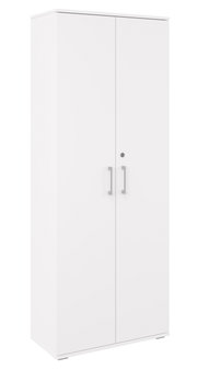 Witte, afsluitbare archiefkast met twee deuren en zilveren handgrepen, vrijstaand, in een licht vooraanzicht met zichtbare linkerkant (3/4-perspectief) tegen een witte achtergrond.