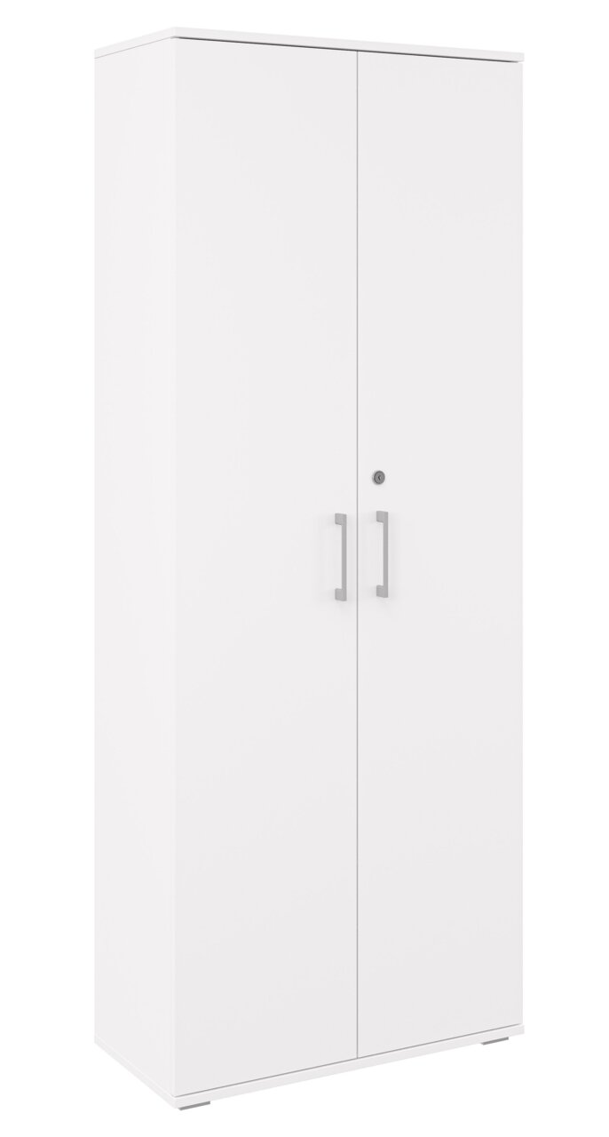 Witte, afsluitbare archiefkast met twee deuren en zilveren handgrepen, vrijstaand, in een licht vooraanzicht met zichtbare linkerkant (3/4-perspectief) tegen een witte achtergrond.