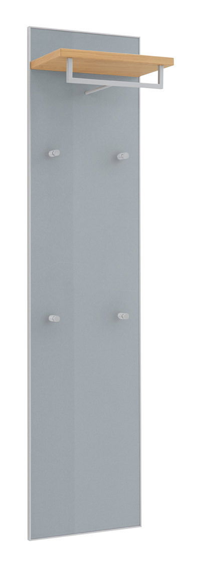 VOSS Garderobenpaneel schmal VORTINA Schmales Garderobenpaneel mit grauer Oberfläche, vier Haken und einem Holzregal, seitliche Perspektive