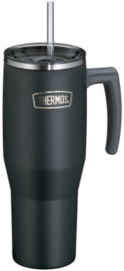 Donkergrijze Thermos-reisbeker met handvat, transparant deksel en rietje, schuin van voren afgebeeld