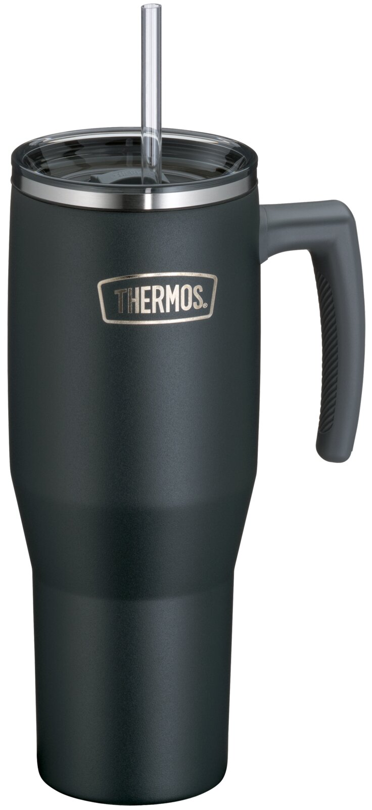 Donkergrijze Thermos-reisbeker met handvat, transparant deksel en rietje, schuin van voren afgebeeld
