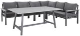 Lounge-Set mit grauem Ecksofa und passendem Tisch, seitliche Perspektive