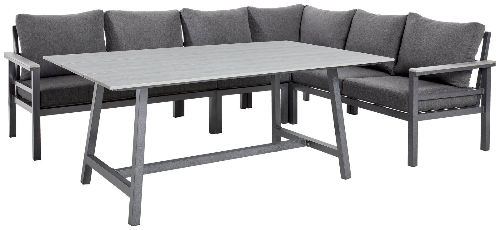 Lounge-Set mit grauem Ecksofa und passendem Tisch, seitliche Perspektive