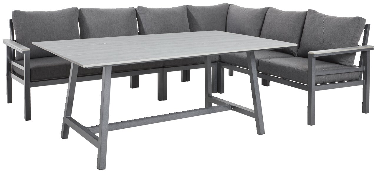 Lounge-Set mit grauem Ecksofa und passendem Tisch, seitliche Perspektive