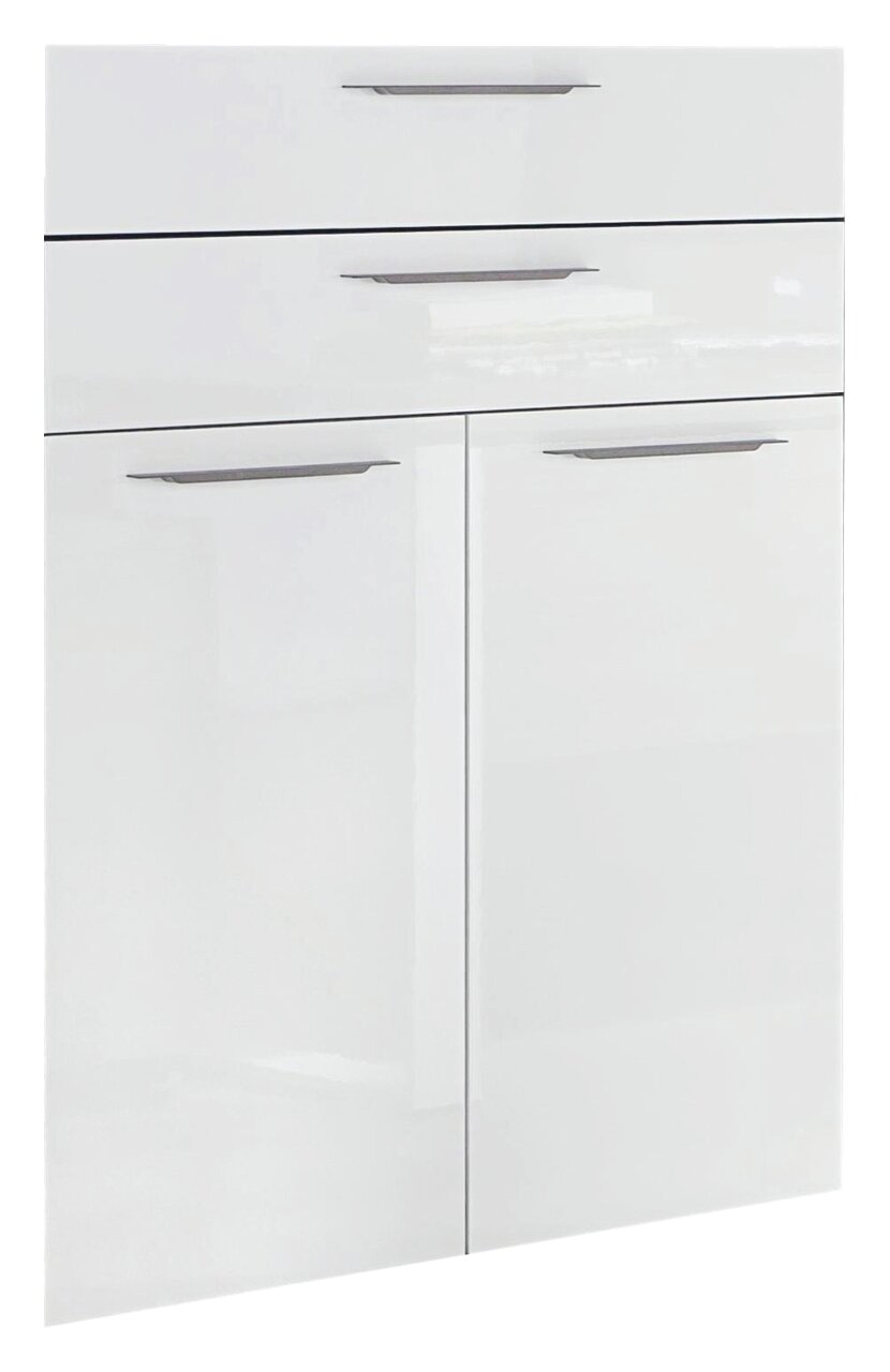 Weiße Schrankfront mit zwei Türen und zwei Schubladen, Ansicht von vorne