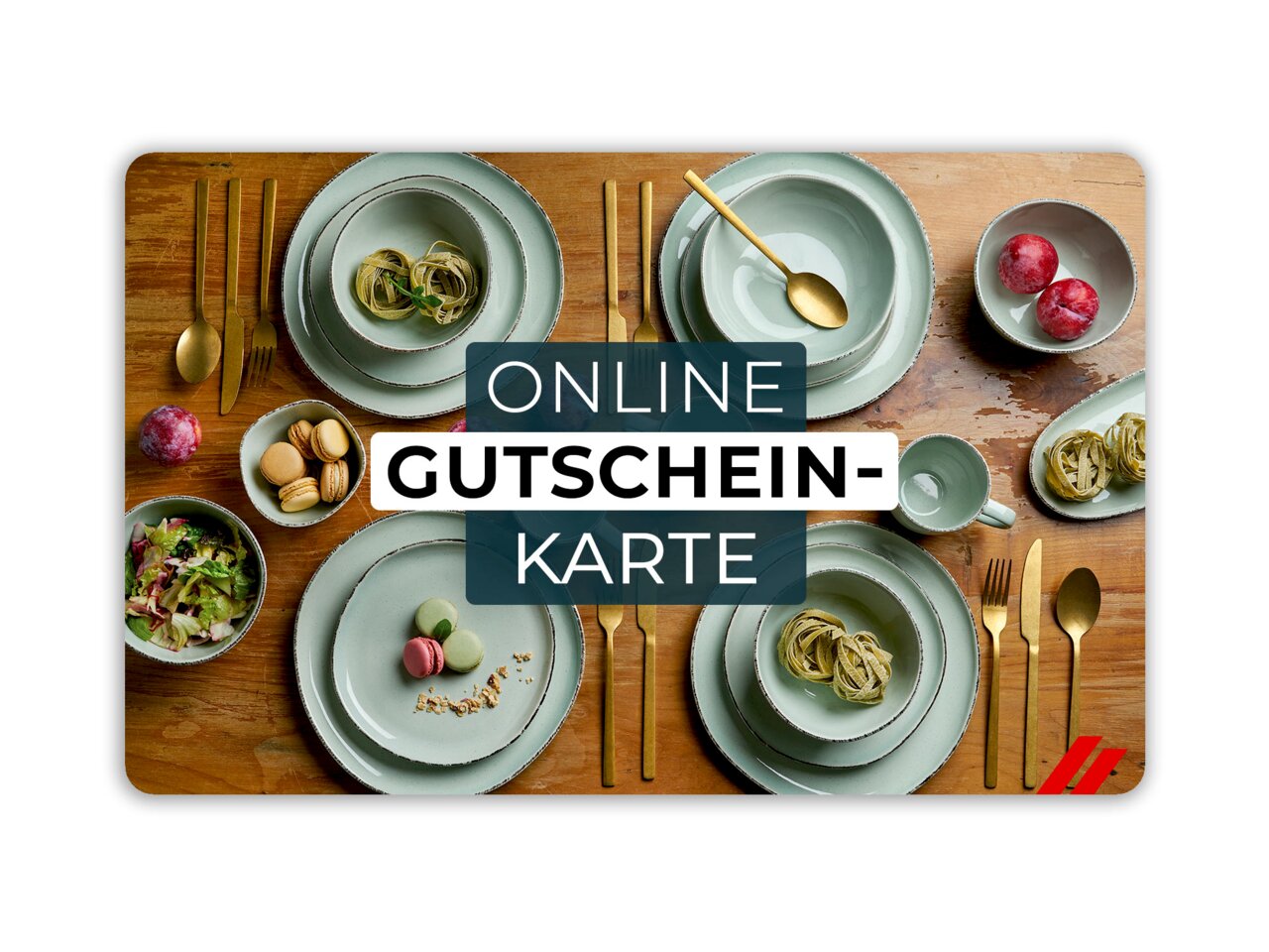 Vogelperspektive auf einen gedeckten Tisch mit Geschirr und Besteck, dekoriert mit Lebensmitteln, und der Aufschrift 'Online Gutscheinkarte'.