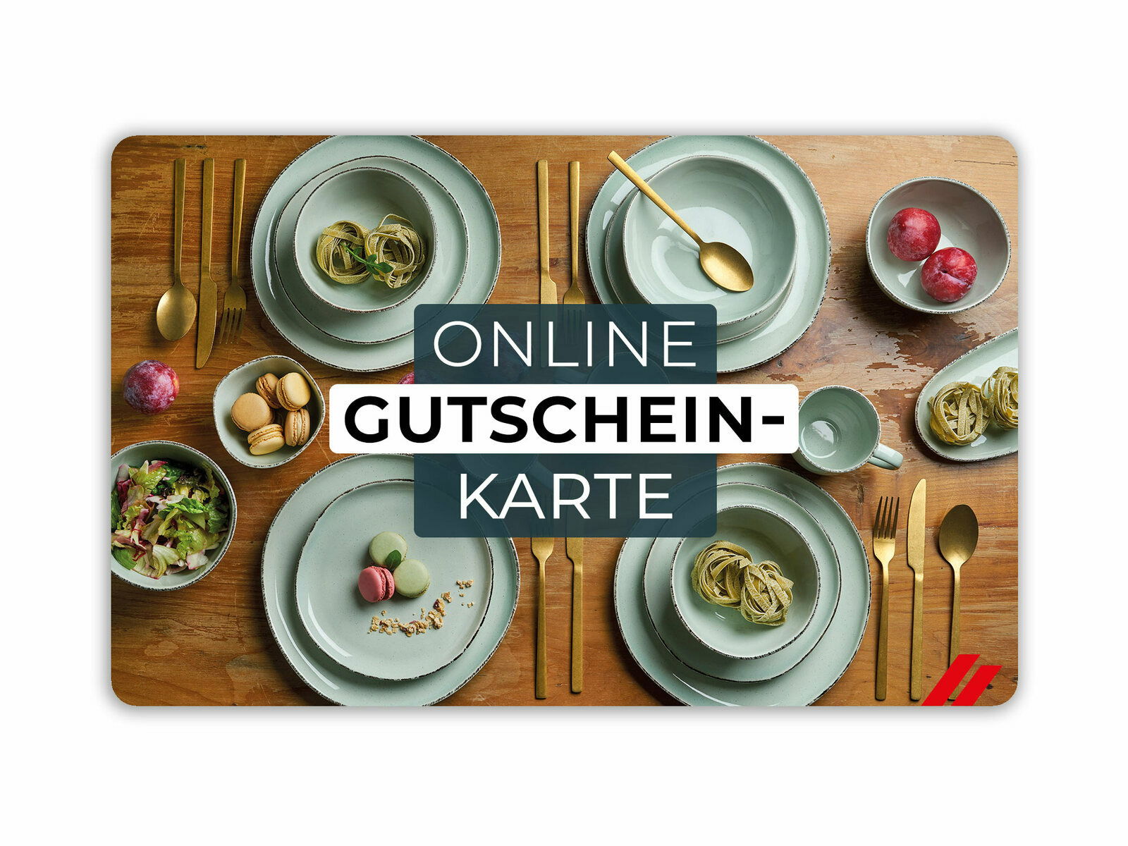 Vogelperspektive auf einen gedeckten Tisch mit Geschirr und Besteck, dekoriert mit Lebensmitteln, und der Aufschrift 'Online Gutscheinkarte'.