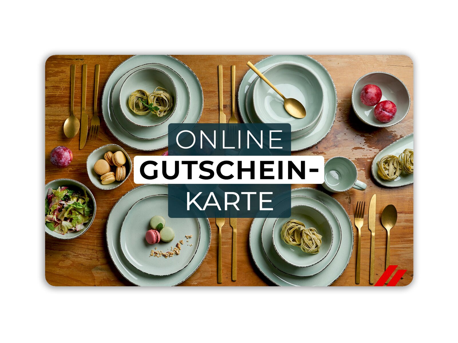 Vogelperspectief op een gedekte tafel met servies en bestek, versierd met etenswaren, en het opschrift 'Online cadeaubon'.