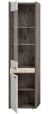 Vitrine aus dunklem Holz mit Glastür und zwei weißen Schranktüren, frontal betrachtet