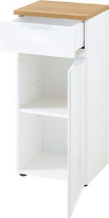 Weißer Unterschrank mit Holzplatte, geöffnete Schublade und Tür, Perspektive von vorne links