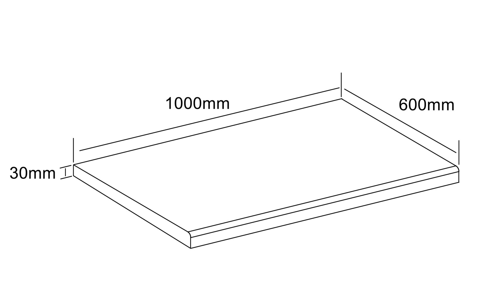 Isometrische Perspektive: rechteckige Platte/Arbeitsplatte mit abgerundeter Kante, Maße 1000 mm x 600 mm, Stärke 30 mm, als technische Maßskizze dargestellt