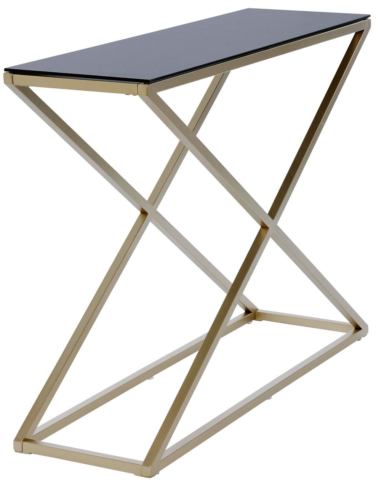 Elegante Konsole mit schwarzer Glasplatte und goldfarbenem Metallgestell in seitlicher Perspektive.
