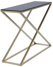 Elegante Konsole mit schwarzer Glasplatte und goldfarbenem Metallgestell in seitlicher Perspektive.