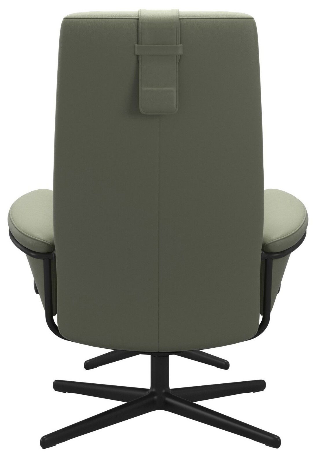 Rückansicht eines modernen Einzelsessels in Olivgrün mit schwarzem Drehfuß.
