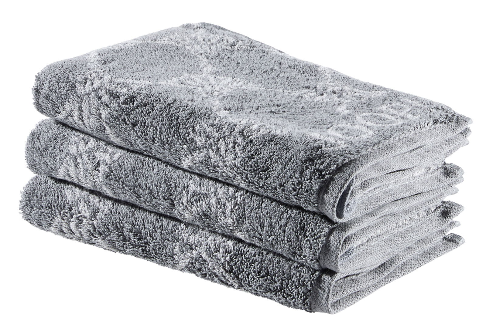 JOOP! Gästetuchset 3-teilig CORNFLOWER Dreiteiliges Gästetuchset in Grau, gestapelt in einer seitlichen Perspektive.