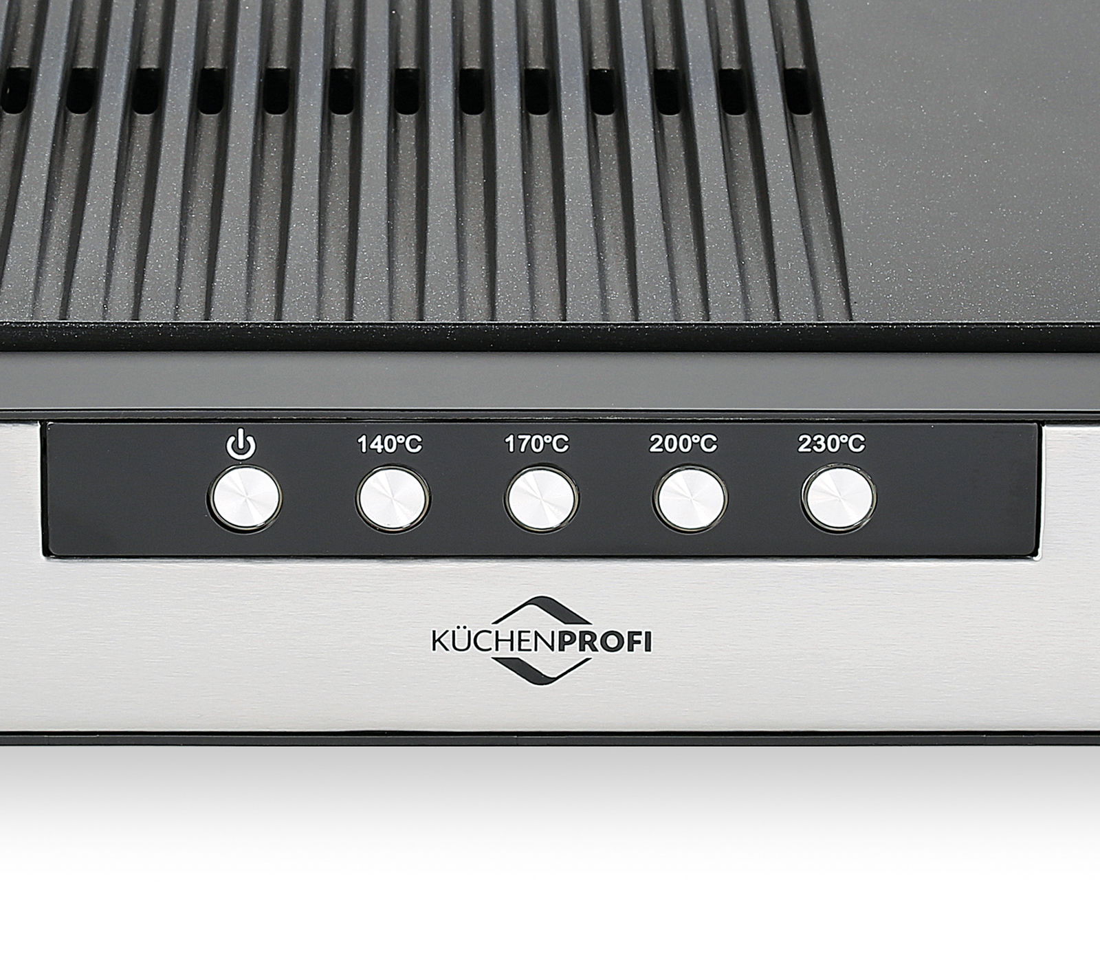 Nahaufnahme eines Tischgrills mit Temperaturregler und KüCHENPROFI-Logo, Vorderansicht
