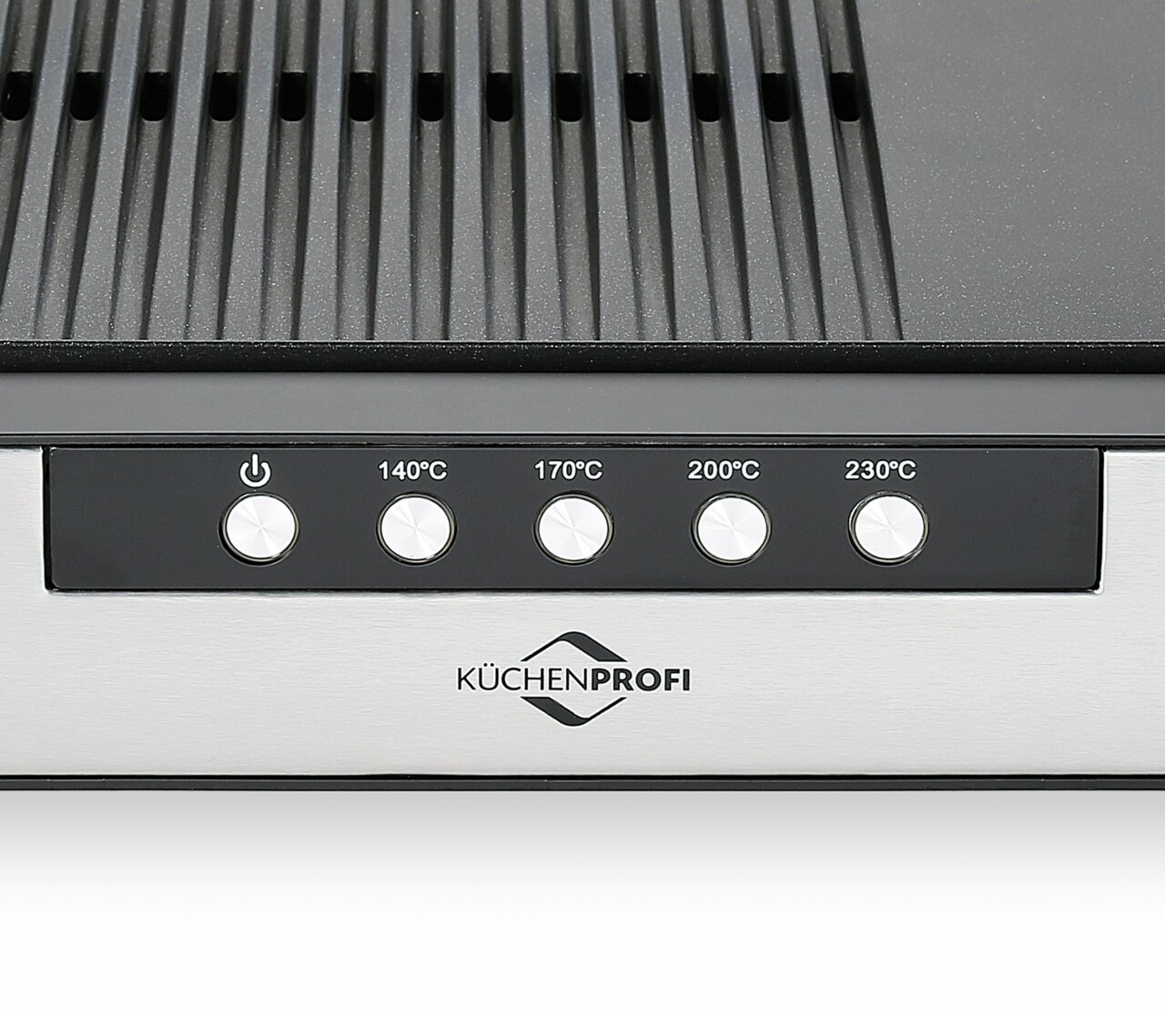 Nahaufnahme eines Tischgrills mit Temperaturregler und KüCHENPROFI-Logo, Vorderansicht