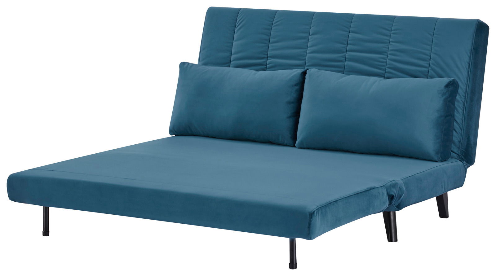 Blaues Funktionssofa in Liegeposition, seitliche Perspektive