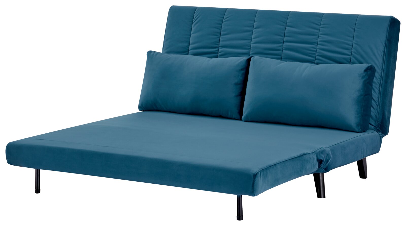 Blaues Funktionssofa in Liegeposition, seitliche Perspektive