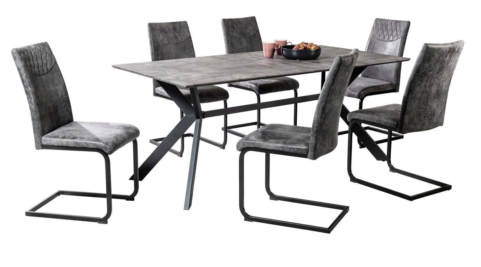 Sechs graue Schwingstühle um einen modernen Esstisch aus Metall und Holz, seitliche Perspektive