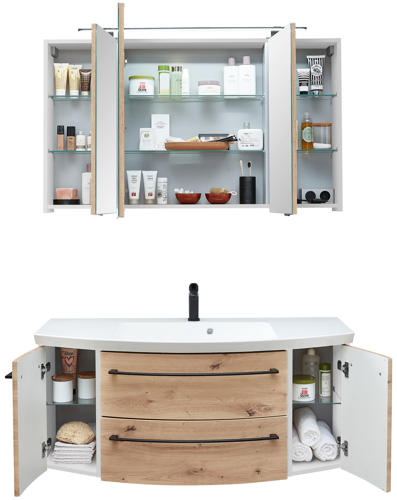 Badkombination 3-tlg. mit Spiegelschrank und Waschbeckenunterschrank, Frontansicht