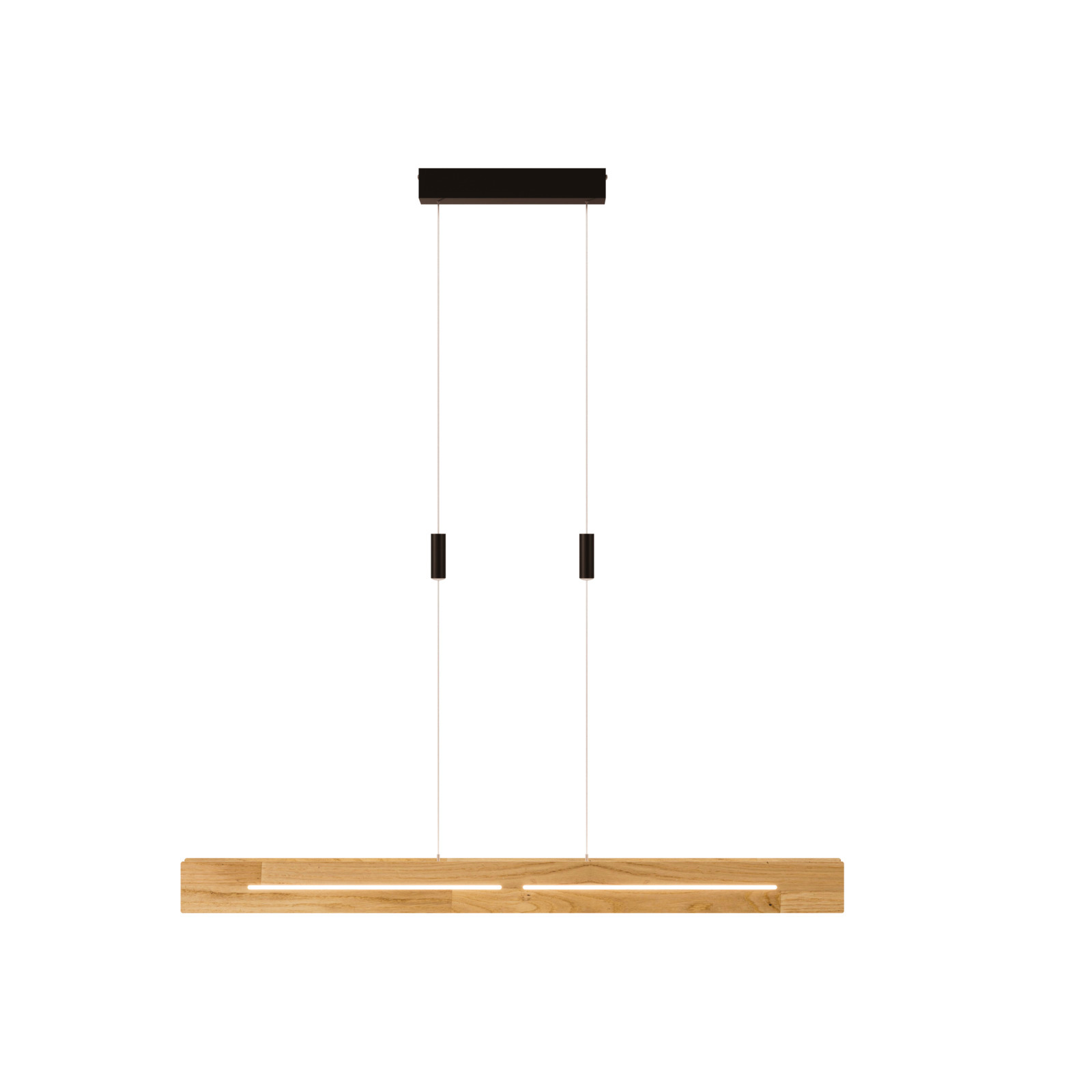 Moderne LED-Pendelleuchte aus Holz, frontal betrachtet, mit zwei Aufhängungen und rechteckigem Design.