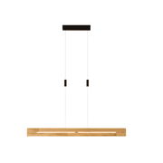 Moderne LED-Pendelleuchte aus Holz, frontal betrachtet, mit zwei Aufhängungen und rechteckigem Design.