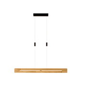 Moderne LED-Pendelleuchte aus Holz, frontal betrachtet, mit zwei Aufhängungen und rechteckigem Design.