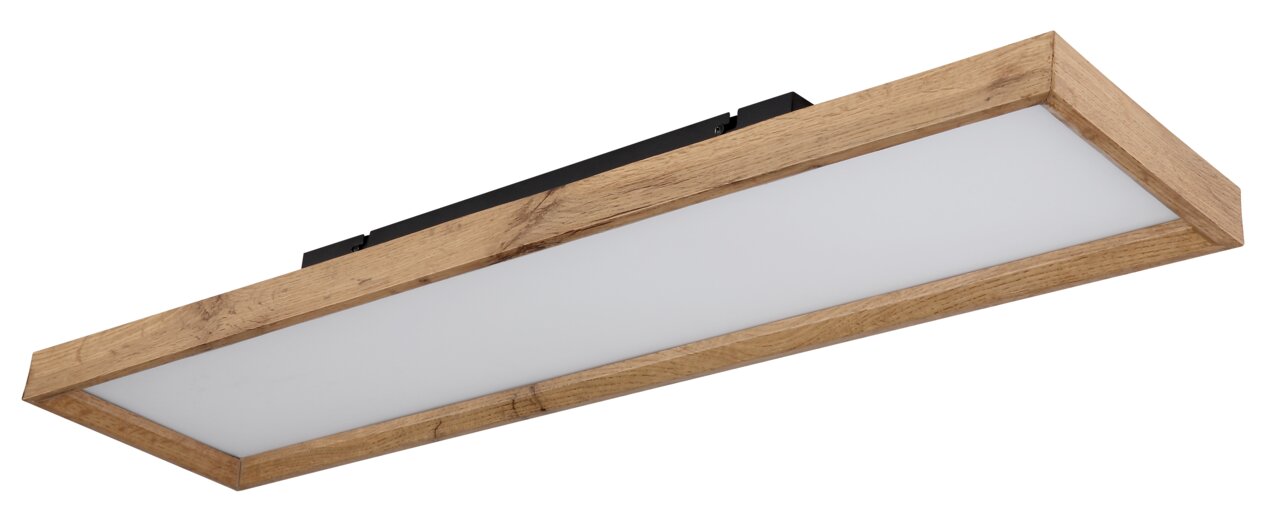 Rechteckige Deckenleuchte mit Holzrahmen, seitliche Perspektive