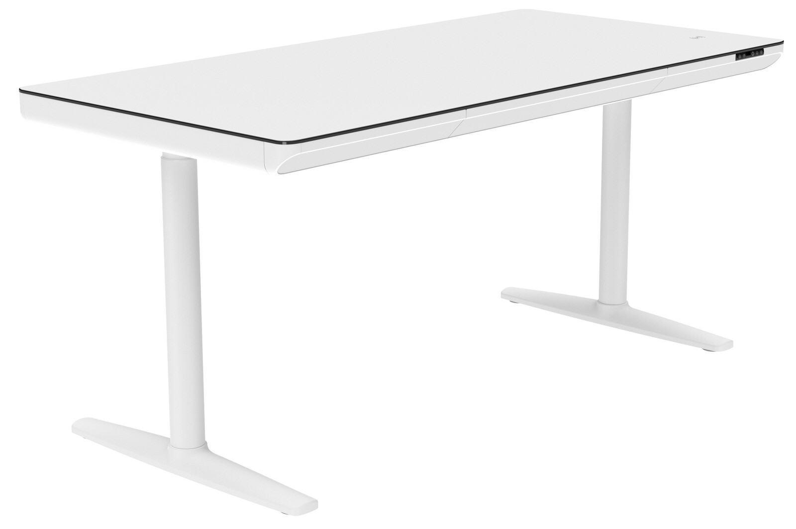 Moderner weißer E-Schreibtisch mit zwei stabilen T-Füßen, seitliche Perspektive