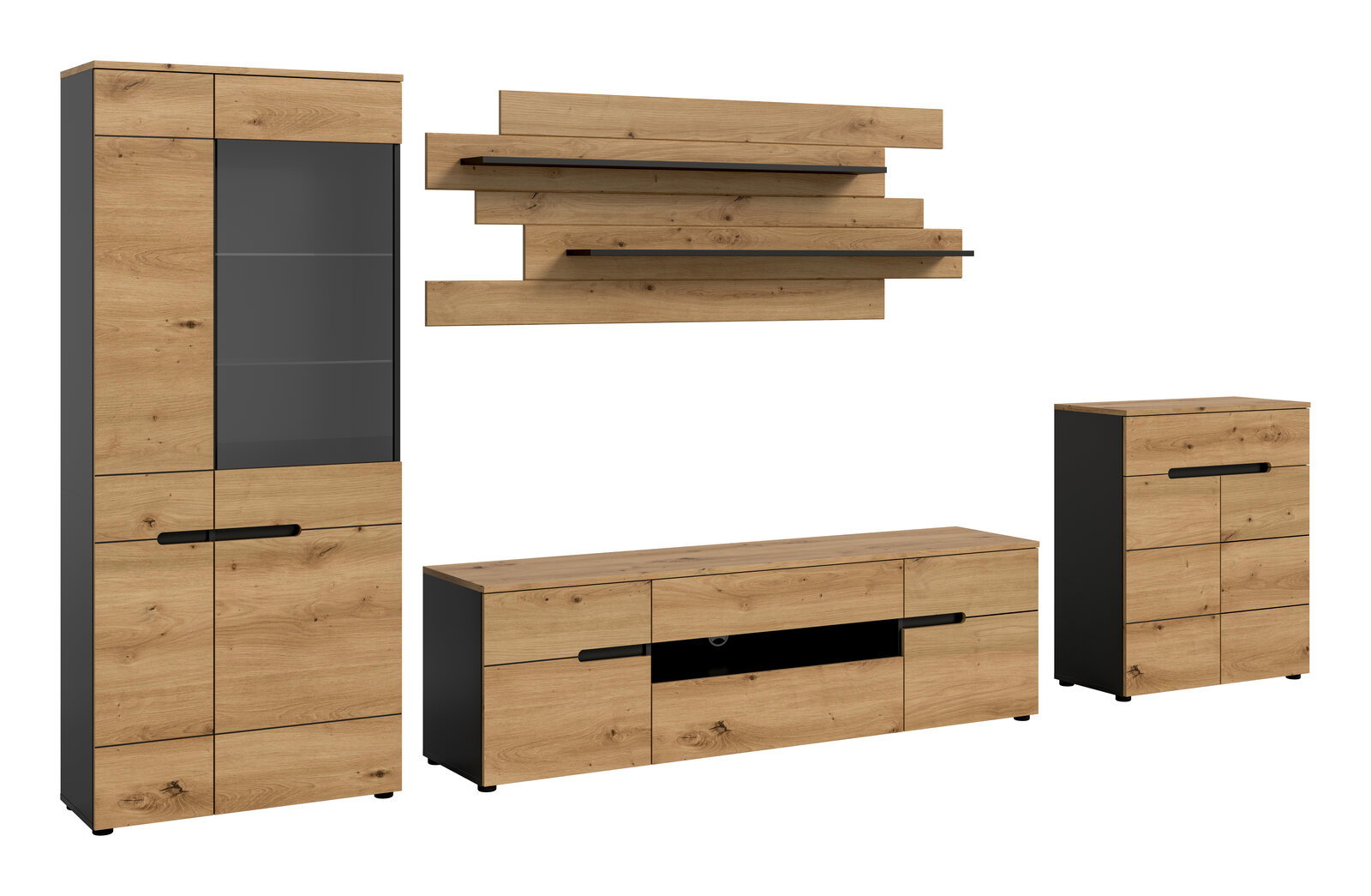 Modernes Wohnzimmermöbel-Set in Eiche-Optik mit anthrazitfarbenen Seiten, bestehend aus Vitrine mit Glastür, TV-Lowboard, Kommode und Wandboard mit zwei Ablagen, gezeigt in frontaler Ansicht mit leichter Schrägperspektive