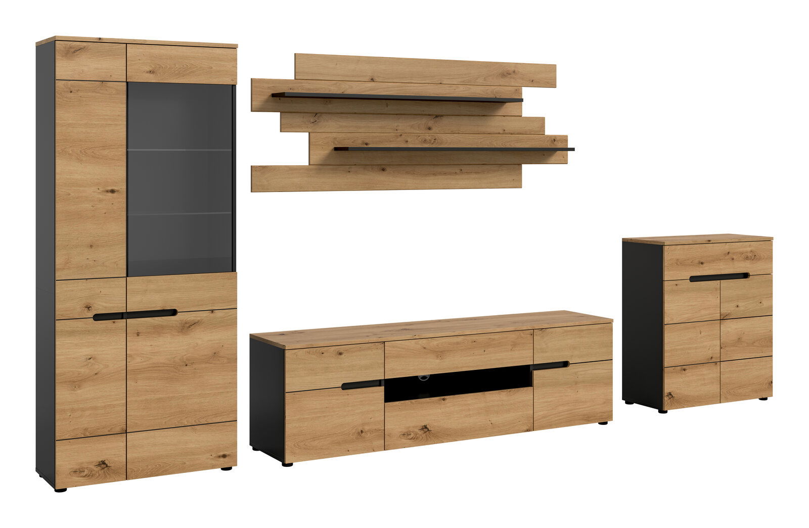 Modernes Wohnzimmermöbel-Set in Eiche-Optik mit anthrazitfarbenen Seiten, bestehend aus Vitrine mit Glastür, TV-Lowboard, Kommode und Wandboard mit zwei Ablagen, gezeigt in frontaler Ansicht mit leichter Schrägperspektive