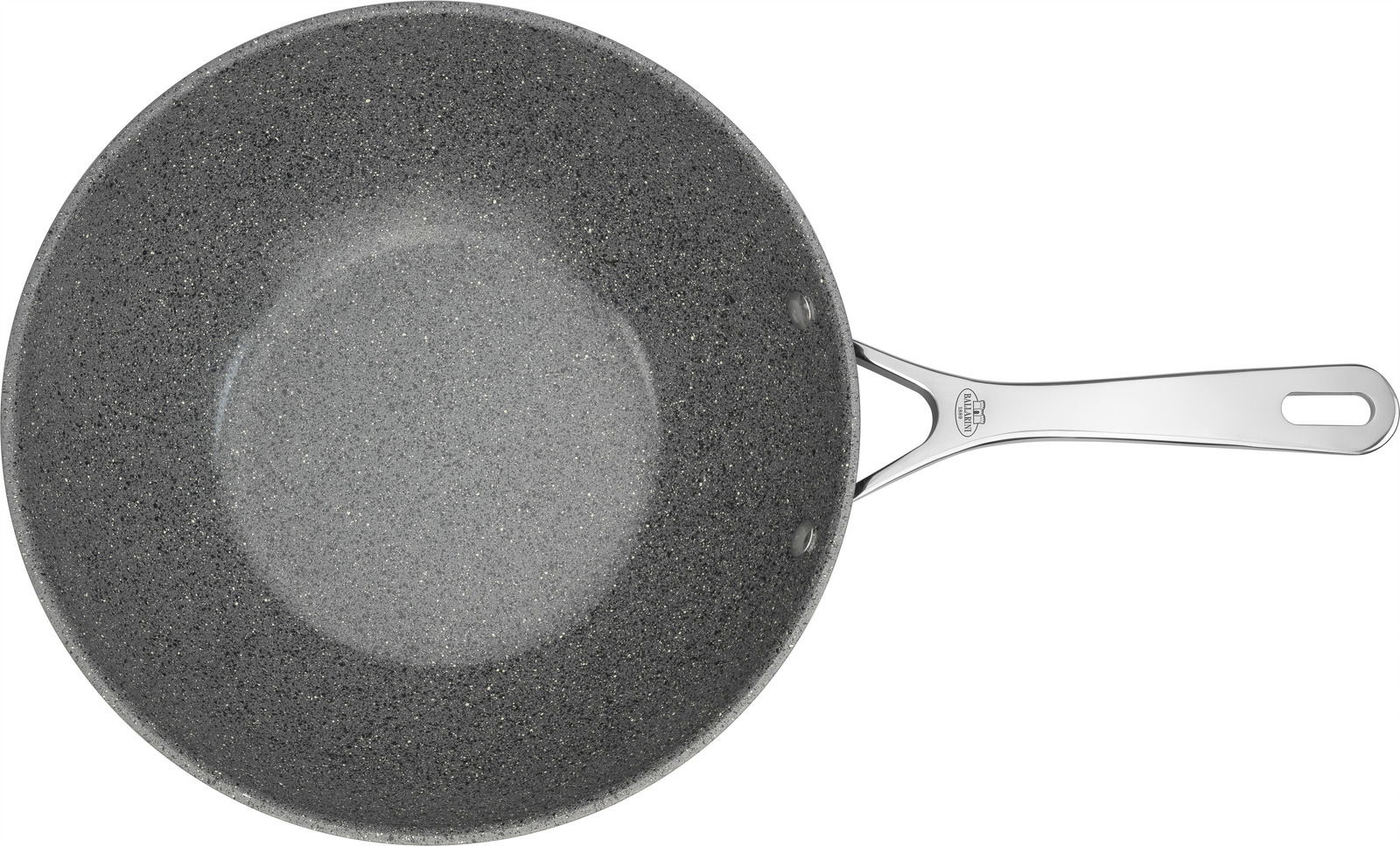 Wok mit 30 cm Durchmesser, Ansicht von oben, graue Antihaftbeschichtung und silberner Griff