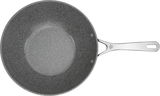 Wok mit 30 cm Durchmesser, Ansicht von oben, graue Antihaftbeschichtung und silberner Griff