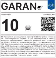 Frontale Nahaufnahme eines Garantielabels von Grossmann mit 10 Jahren Herstellergarantie, 365-Tage-Symbol und QR-Code zu allen Produkten.
