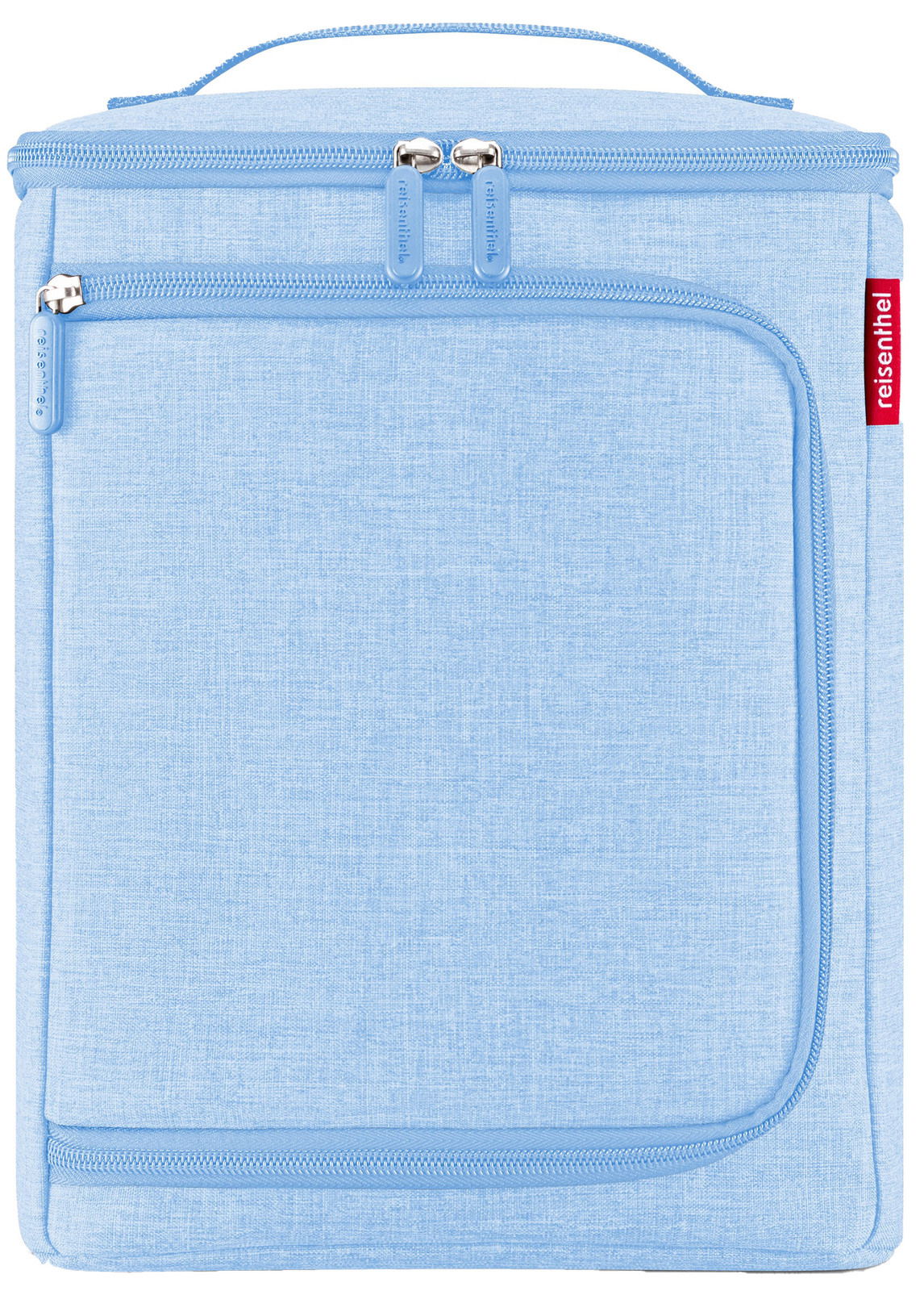 Hellblaue Kühltasche mit Reißverschlüssen und Tragegriff, Vorderansicht