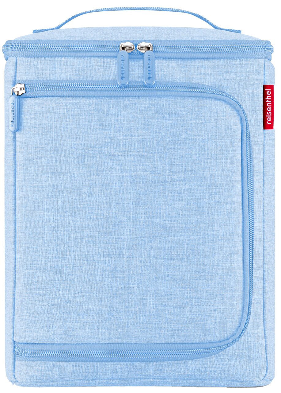 Hellblaue Kühltasche mit Reißverschlüssen und Tragegriff, Vorderansicht