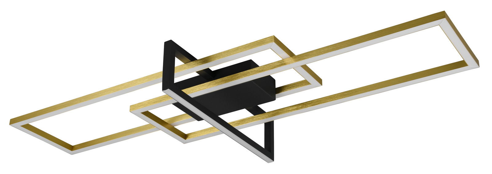 Moderne LED-Deckenleuchte SALINAS mit geometrischem Design in Gold und Schwarz, seitliche Perspektive